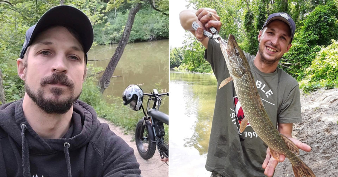 Kyle Hancock standing near his E-bike along a dirt path + Kyle Hancock holding up a fish while standing near water